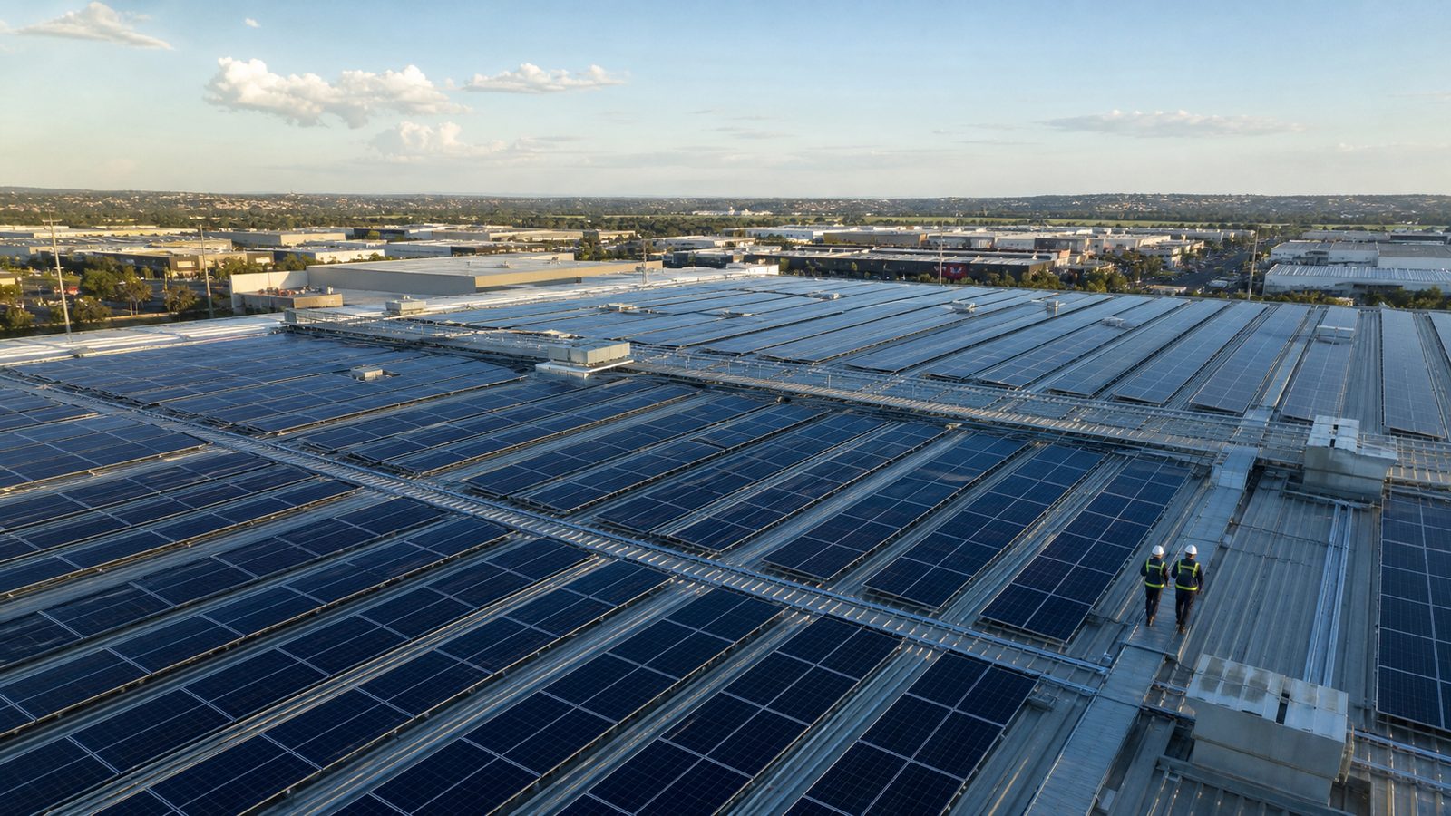 Çatı GES — sanayi çatısına kurulmuş güneş enerjisi panel dizileri, havadan görünüm