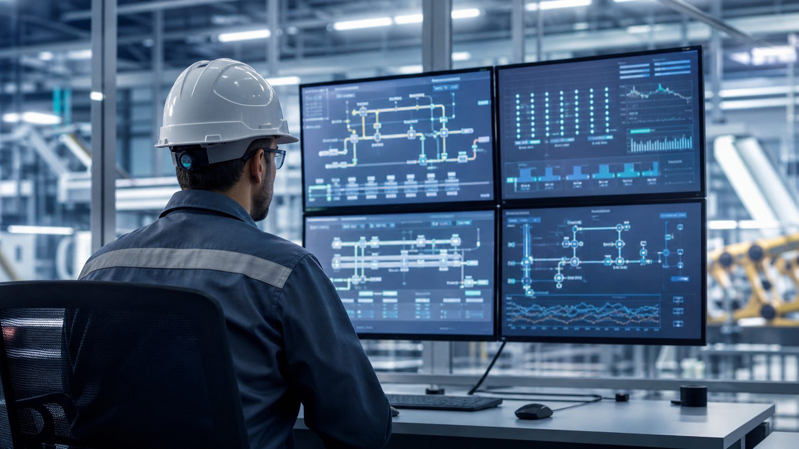 Fabrika otomasyonu — SCADA kontrol ekranlarında üretim hattı izleme