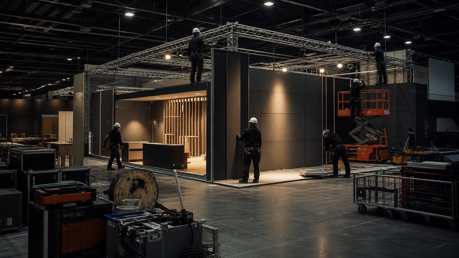 Fuar standı kurulumu — fuar alanında truss taşıyıcı sistem ve panel montajı