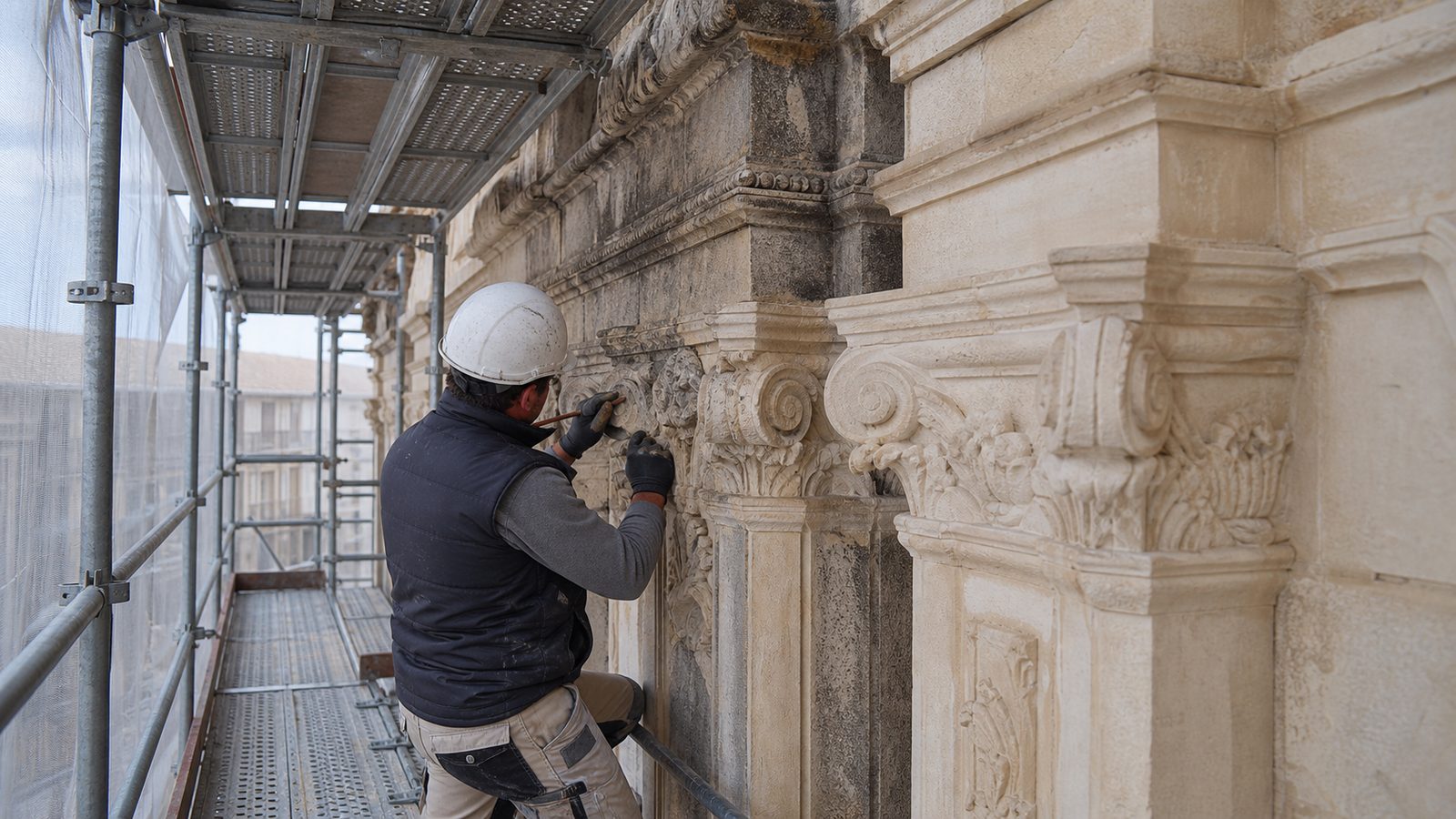 Tarihi yapı cephe restorasyonu — iskele üzerinde taş detay onarımı